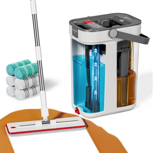 HoMettler 3-Tank Mop and Bucket Set with Separate Dirty & Clean Water, Flat Mop and Bucket System with Wringer, 65" Mops for Floor Cleaning, Safe for Hardwood, Vinyl, Tile, Walls - 6 Washable Pads - color: White-flat Mop With 6 Pads