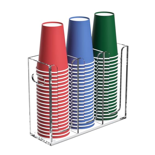 Disposable Coffee Cup Dispenser with Handles, Countertop or Wall Mount Hot/Cold Drink Cup and Lid Holder - Bathroom/Kitchen/Office Acrylic Cup Lid Storage Organizer (3 Compartments, Clear) - color: Clear, size: 3 Compartments