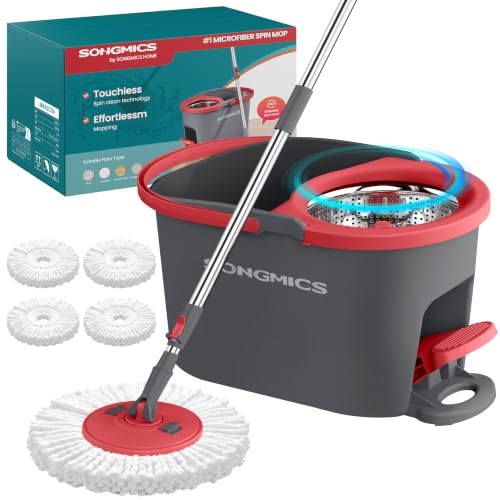 SONGMICS Spin Mop and Bucket Set with Pedal Wringer, 4 Microfiber Pads - color: Gray + Red, size: 4 Pads