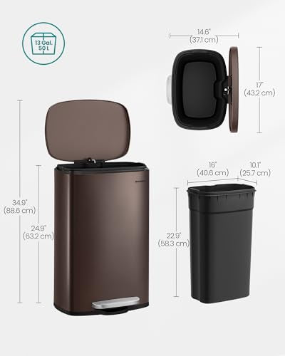 SONGMICS 13 Gallon (50 L) Trash Can, Stainless Steel, Step-On Pedal - color: Brown, size: 13 Gal.