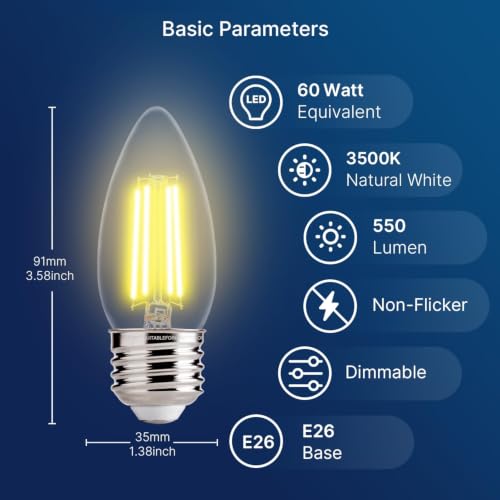 FLSNT 60W Equivalent LED Chandelier Light Bulbs, Dimmable LED B11 E26 Candelabra Base Bulbs, 3500K Natural White, 550LM, 48 Pack, CA65 Listed. - color: 60w Natural White, size: 48 Count (Pack of 1)