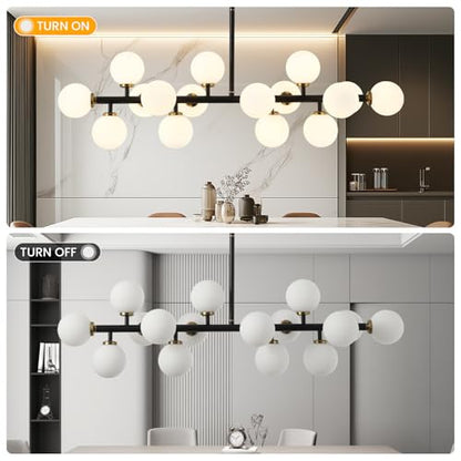 Black and Gold Chandelier Modern Rectangle Chandelier Glass Globe Pendant Light Fixture Adjustable for Dining Living Room Kitchen Island 16-Light - color: BlackGold-40in