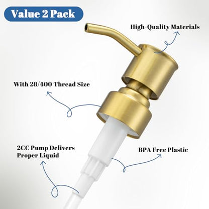2 Pack Brushed Gold 304 Stainless Steel Soap Dispenser Pump Replacement Standard 28/400 Thread for Regular Mouth Bottles Lotion Soap for Kitchen Bathroom - color: Brushed Gold