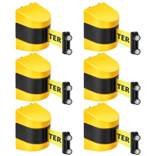 6 Pack Magnetic Retractable Wall Mount Barrier, 16.4 ft Crowd Control Safety High Visibility Caution Belt with Heavy Duty ABS Case for Retail, Stadium, Warehouse & Loading Dock