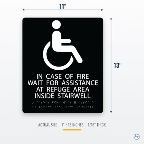 Alpha Dog In Case of Fire Wait Sign, 13x11 ADA Braille Sign, Black - color: Black, size: In Case of Fire - Wait for Assistance
