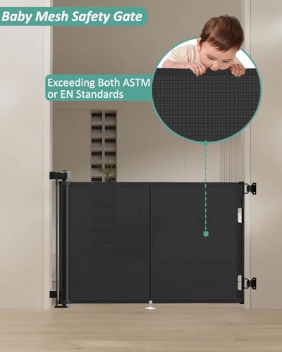 Miumoon 59 inch Reinforced Retractable Baby Gates 34 inch Tall - color: Black, size: 34" Tall x 59" Wide