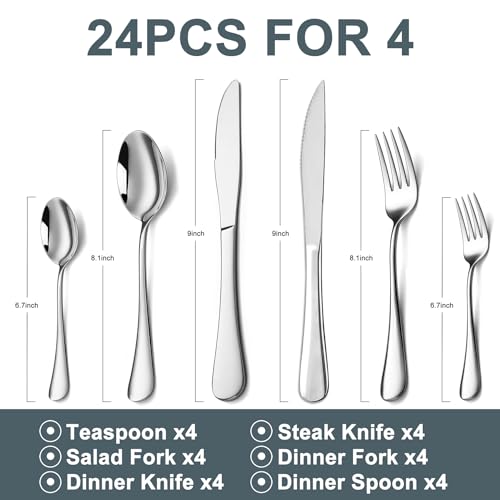 24-Piece Silverware Set with Steak Knives,Flatware Set for 4, Food-Grade Stainless Steel Tableware Cutlery Set, Mirror Finished Utensil Sets for Home Restaurant - size: 6.7-9.1 inches silverware set 24pcs