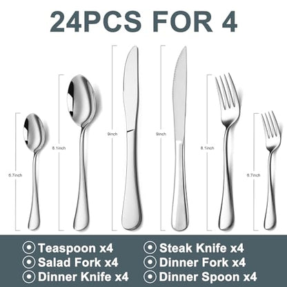 24-Piece Silverware Set with Steak Knives,Flatware Set for 4, Food-Grade Stainless Steel Tableware Cutlery Set, Mirror Finished Utensil Sets for Home Restaurant - size: 6.7-9.1 inches silverware set 24pcs
