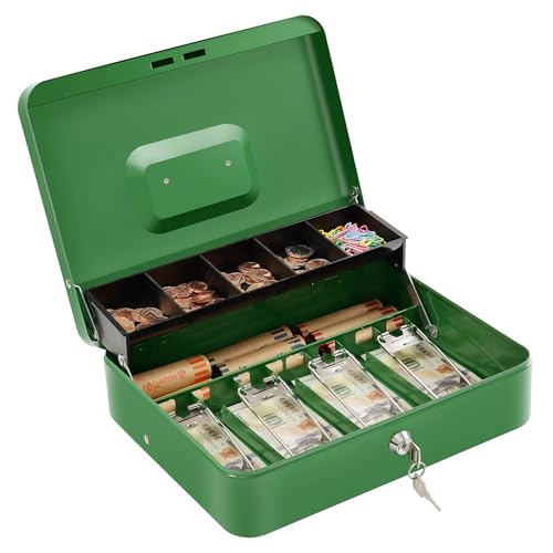 Cash Box with Lock Key and Money Tray, Large Money Box for Cash Register - color: Green