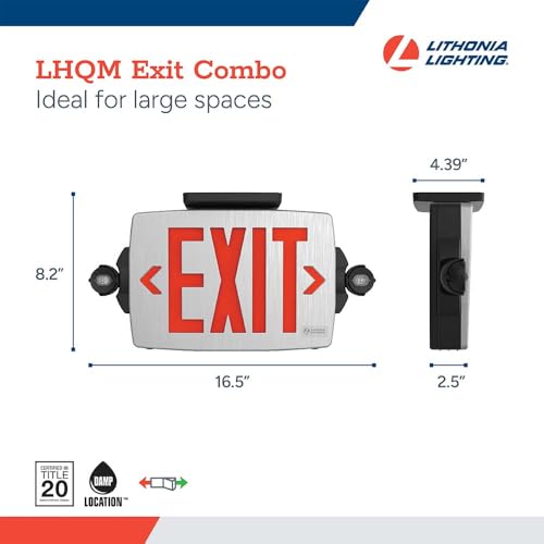 Lithonia Lighting Quantum LED Exit Sign Emergency Light Combo, Exit Sign and Emergency Lights for Business, 2-Head Fixture, Red/Green Selectable Letters, Brushed Silver (LHQM S BBS RG MVOLT M6) - color: Red/Green Selectable - Brushed Silver, size: 16.5" |