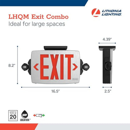 Lithonia Lighting Quantum LED Exit Sign Emergency Light Combo, Exit Sign and Emergency Lights for Business, 2-Head Fixture, Red/Green Selectable Letters, Brushed Silver (LHQM S BBS RG MVOLT M6) - color: Red/Green Selectable - Brushed Silver, size: 16.5" |
