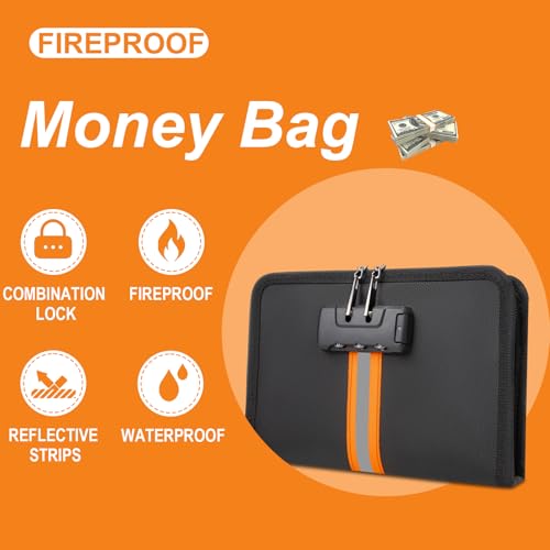 Fireproof Money Bag,Money Bag with Lock and Zipper,Safe Fireproof Waterproof,Suitable for Cash, Mobile Phones, Keys, Credit Cards - size: 8*1.1*5 inches