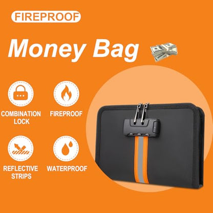 Fireproof Money Bag,Money Bag with Lock and Zipper,Safe Fireproof Waterproof,Suitable for Cash, Mobile Phones, Keys, Credit Cards - size: 8*1.1*5 inches