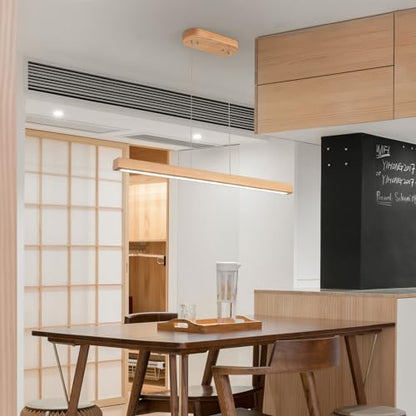 YISDESIGN 31.5" 18W 1-Light Wooden Led Linear Pendant Light Dimmable Led Ceiling Hanging Light Fixtures Modern Chandeliers for Dining Room Kitchen Island Lights Natural - color: Natural, size: 32in