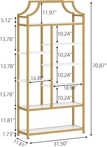 Gyfimoie Lux Etagere 8-Tier Open Shelf Bookcase – 70.87" H x 31.5" L, Modern Metal Frame with Gold Finish & White Shelves, Tall Storage Display for Bedroom, Home Office & Living Room (Gold) - color: Gold