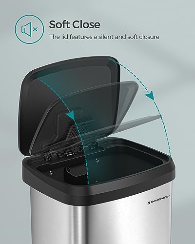 SONGMICS Kitchen Trash Can, 18-Gallon Stainless Steel Garbage Can, with Stay-Open Lid and Step-on Pedal, Soft Closure, Tall, Large and Space-Saving, Silver and Black ULTB520E68 - color: Silver + Black, style: 18 Gallons