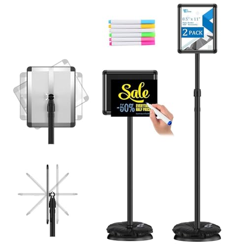 EHWINE 2 Pack Sign Holder Stand 8.5x11 Inch, Adjustable Floor Standing Sign Holder, Signage Stand with Snap-Open Frame Display and Chalkboard Insert for Charity Events, School Exhibitions, Retail Displays