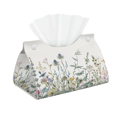 Tissue Box Cover Wildflowers Leaves Rectangle PU Leather Tissue Box Holder for Car Bathroom Bedroom Desk Tabletop Decor - color: Wildflowers Leaves