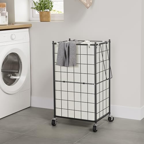 WOWLIVE Rolling Laundry Basket, Metal Wire Frame Laundry Hamper with Wheels - color: Black and White, size: 100l