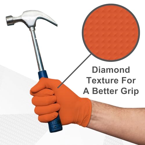 WECARE 8 Mil Nitrile Gloves - Heavy Duty Mechanic Gloves, with Diamond Grip - Powder and Latex Free Disposable Gloves - color: Orange, size: XX-Large