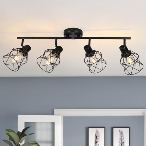 WILON Track Lighting Fixtures Ceiling 4-Light Flush Mount Ceiling Spot Lights, Industrial Track Light Black Kitchen Light Fixtures Rotatable Spotlight for Kitchen Hallway Living Room (E26 Base) - color: Black, size: 4-Light-Cage