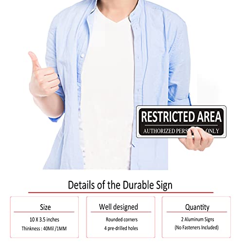 (2 Pack) Restricted Area Sign Authorized Personnel Only, 10" x 3.5" Metal Restricted Area Sign for Outdoor, Do Not Enter, Aluminum, Rust free, Fade Resistant,Weatherproof, Black - color: Restricted Area Sign-01A