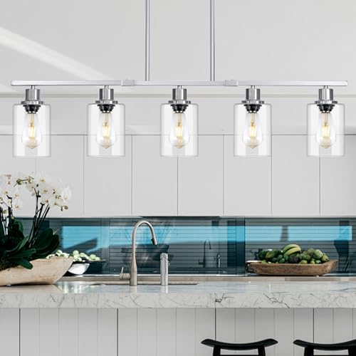 39.4" Kitchen Island Lighting, 5 Lights Clear Glass Pendant Light Fixtue, Chrome Linear Metal Chandelier for Dining&Living Room Foyer,Height Adjustable,E26 Socket - color: Chrome