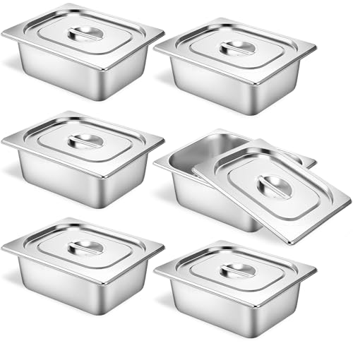 6 Pack Hotel Pans 1/2 Size 4" Deep Stainless Steel Steam Table Pan w/Lids - color: 1/2, size: 4'' Deep