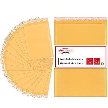 Pacific Mailer Bubble Mailer #0 Kraft Bubble Mailers Strong Adhesion Padded Envelopes Packaging for Small Business [7.25x9 (Usable Size 6.5"x9"), Self Seal, Pack of 50]