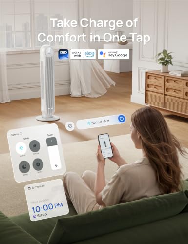 DREO Smart Tower Fan for Bedroom, 28ft/s Velocity, 8 Speeds Ultra Quiet Fan - color: Pearl White, size: 36 inch