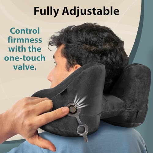 FLOWZOOM Air Inflatable Neck Pillow for Traveling on Plane - H-Shape Hooded Airplane Pillow with 5 Snooze Modes, Fast Inflation, Pressure Control, Cozy Clip-On Hood & Plushy Cover - Size L, Jet Black - color: Jet Black