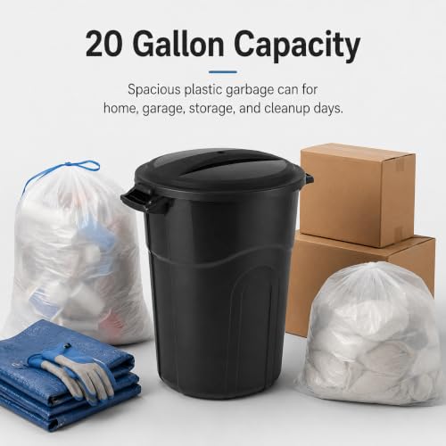 20 Gallon Heavy Duty Trash Can with Click-Lock Lid, Black Plastic Bin