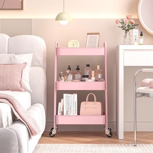 TOOLF 3 Tier Metal Rolling Cart, Utility Storage Cart with Wheels, Pink - color: Pink, size: 3-Tier