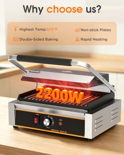 Commercial Panini Press - 2200W Electric Panini Sandwich Grill w/Nonstick Coating & Adjustable Temp, Panini Grill Press w/14"x9" Cooking Pan (Grooved Top & Flat Bottom), Double-sided Heating - style: 14"x9" Grooved top, flat bottom
