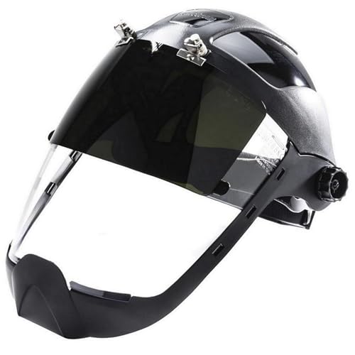 Sellstrom DP4 Face Shield - Lightweight Mask with High Impact Crown & Ratchet Headgear for Work, Grinding, Plasma/Flame Cutting - ANSI Z87.1 - Clear Anti Fog Polycarbonate Window - UV/IR Flip Up Visor - style: Shade 5 Infrared Visor W/ Chinguard