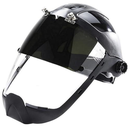 Sellstrom DP4 Face Shield - Lightweight Mask with High Impact Crown & Ratchet Headgear for Work, Grinding, Plasma/Flame Cutting - ANSI Z87.1 - Clear Anti Fog Polycarbonate Window - UV/IR Flip Up Visor - style: Shade 5 Infrared Visor W/ Chinguard