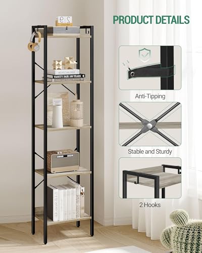 Hzuaneri Bookshelf, Book Shelf, Industrial Bookcase with 2 Hooks - color: Greige, size: 9.4"D x 15.7"W x 63"H