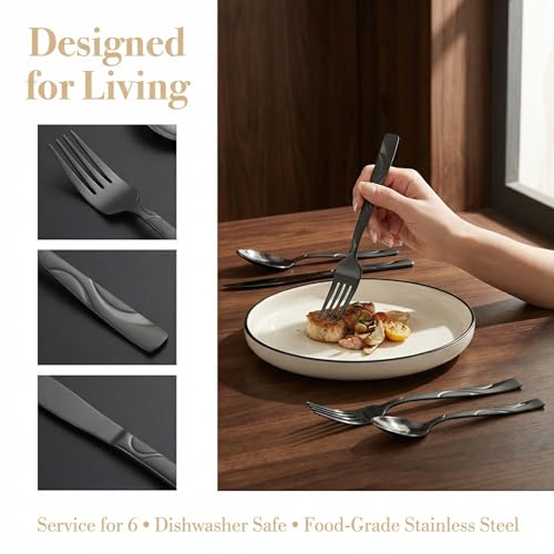 30-Piece Black Silverware Set for 6 - color: Black, size: 30-Piece
