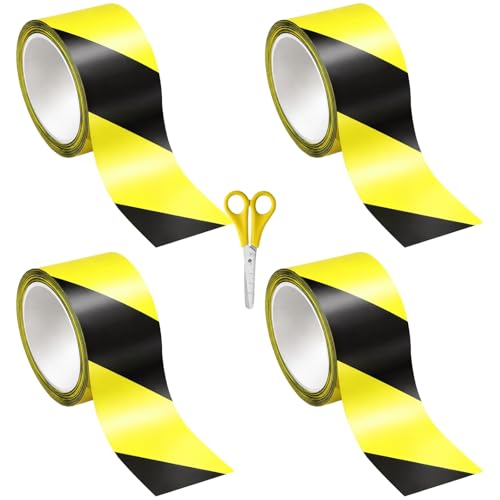 4 Rolls Heavy Duty Safety Tape, 2" x 328.1 ft, Yellow Black Stripes, Strong Adhesive Floor Tape for Industrial Warehouse & Construction, Comes with Scissors