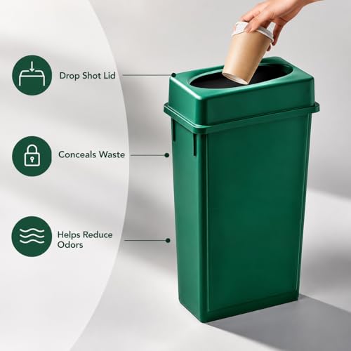 23 Gallon Slim Rectangular Commercial Trash Can, Heavy Duty Plastic Indoor Waste Bin for Kitchen, Office, Restaurant, School, Restroom & Janitorial Use (Dark Green, with Lid) - color: Dark Green