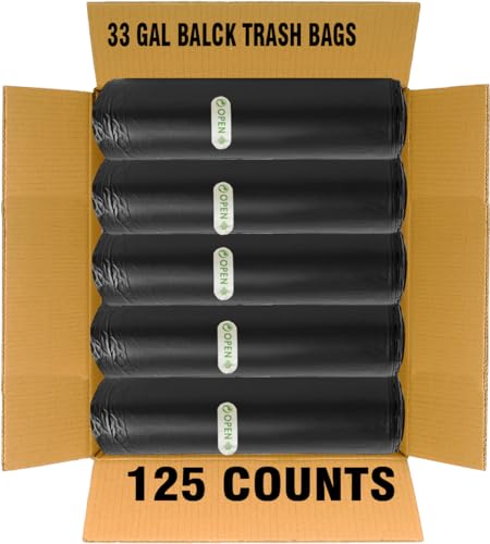 BEIDOU-PAC 33 Gallon Trash Bags, 125 Count, Black Garbage bags, Multi-purpose Trash Can Bin Liners for Home Commercial, Outdoor, Construction, Industrial, Janitorial, Municipal, Lawn, Leaf - style: 33 Gallon |12 Micron |125 Count