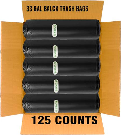 BEIDOU-PAC 33 Gallon Trash Bags, 125 Count, Black Garbage bags, Multi-purpose Trash Can Bin Liners for Home Commercial, Outdoor, Construction, Industrial, Janitorial, Municipal, Lawn, Leaf - style: 33 Gallon |12 Micron |125 Count
