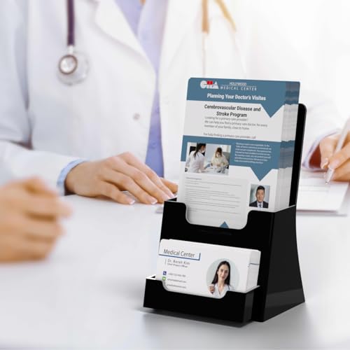 Marketing Holders 10 Pack Trifold Brochure Holder Countertop for 4.25" Rack Cards with Attached 3.5" x 2" Business Cards Black Acrylic Space Saving Multi Slot Display Stand - color: Black