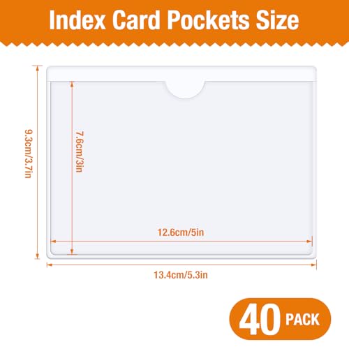 40 PCS Index Card Pockets, Self Adhesive Card Pockets 3"X5" with Top Open, Clear Label Pockets for Storage Bins, Plastic Labels Holders for Organizing, Loading, Drawer,Library Card, Totes (3"X5") - size: 3"X5"