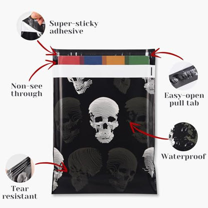 10x13 Inch Halloween Poly Mailers, Skull Printed, 100 Pack Self Sealing - color: Skull