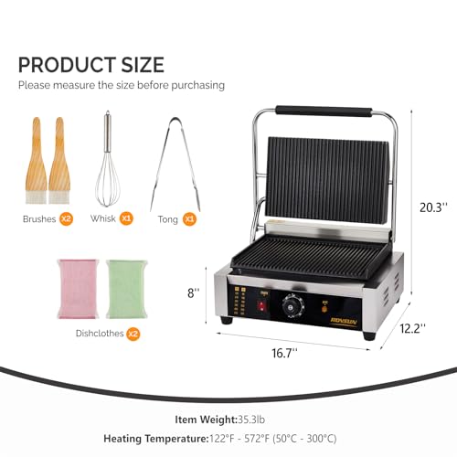 Bonnlo 811E Commercial Sandwich Make, 2200W Stainless Steel Countertop Panini Press Grill with Adjustable Temp 122°F–572°F, For Steak, Burgers, Home & Restaurant Use, 110V, Silver - size: 12.2"D x 16.7"W x 8"H