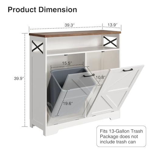Double Tilt Out Trash Can Cabinet for 13*2 Gallon Garbage Can, Farmhouse Kitchen Garbage Trash Bin for Hidden Laundry Basket, Dual Dog Proof Recycling Cabinet for Bathroom, Living Room, White - color: Antique White, size: 2 x13 Gallons