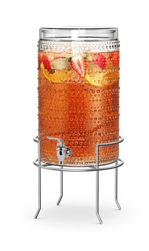 2 Gallon Glass Drink Dispenser, hobnail Drink Dispensers for Parties, Beverage Dispenser with Stand and Glass Lid, 100% Leakproof Spigot, Ideal for Lemonade, Juice, - color: Hobnail Clear-2 Gallon