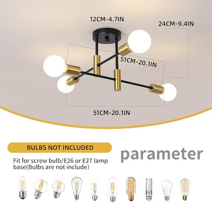 Garwarm 2 Pack 4-Light Industrial Semi Flush Mount Sputnik Ceiling Light Fixture, Black and Gold Modern Sputnik Chandelier for Porch Bedroom Hallway Kitchen Farmhouse - color: 2 Pack 4-Lights,Black & Gold