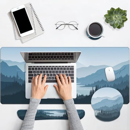 Arttown Keyboard Mouse Pad Set, 4 in 1 Desk Mat Set Mountains Blue - color: Blue Mountains